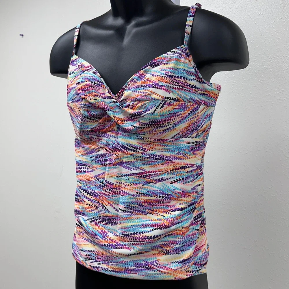 Croft & Barrow Tankini Swim Beach Top Vibrant Multicolor Twist Front Lined Sz 16